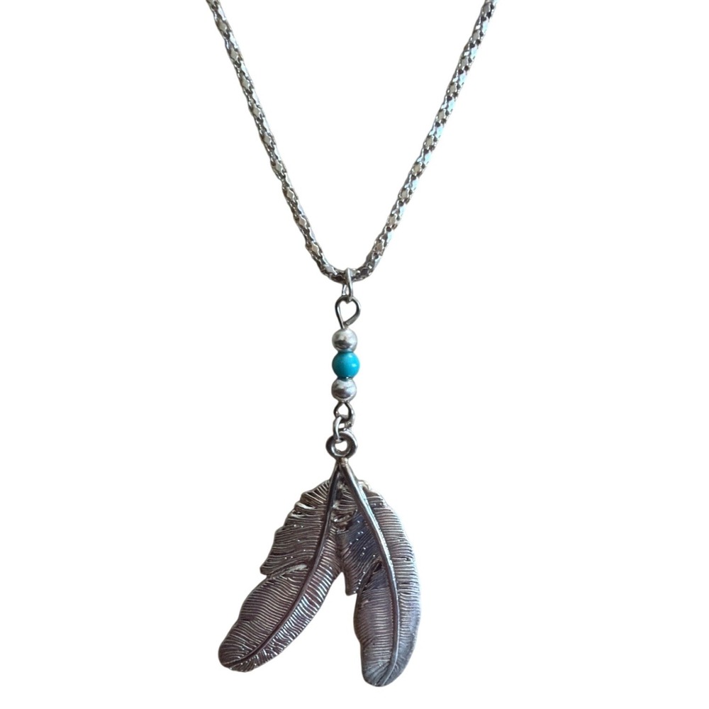 Silver Tone Double Feather Pendant Necklace Turquoise Bead Boho Layering Nautre